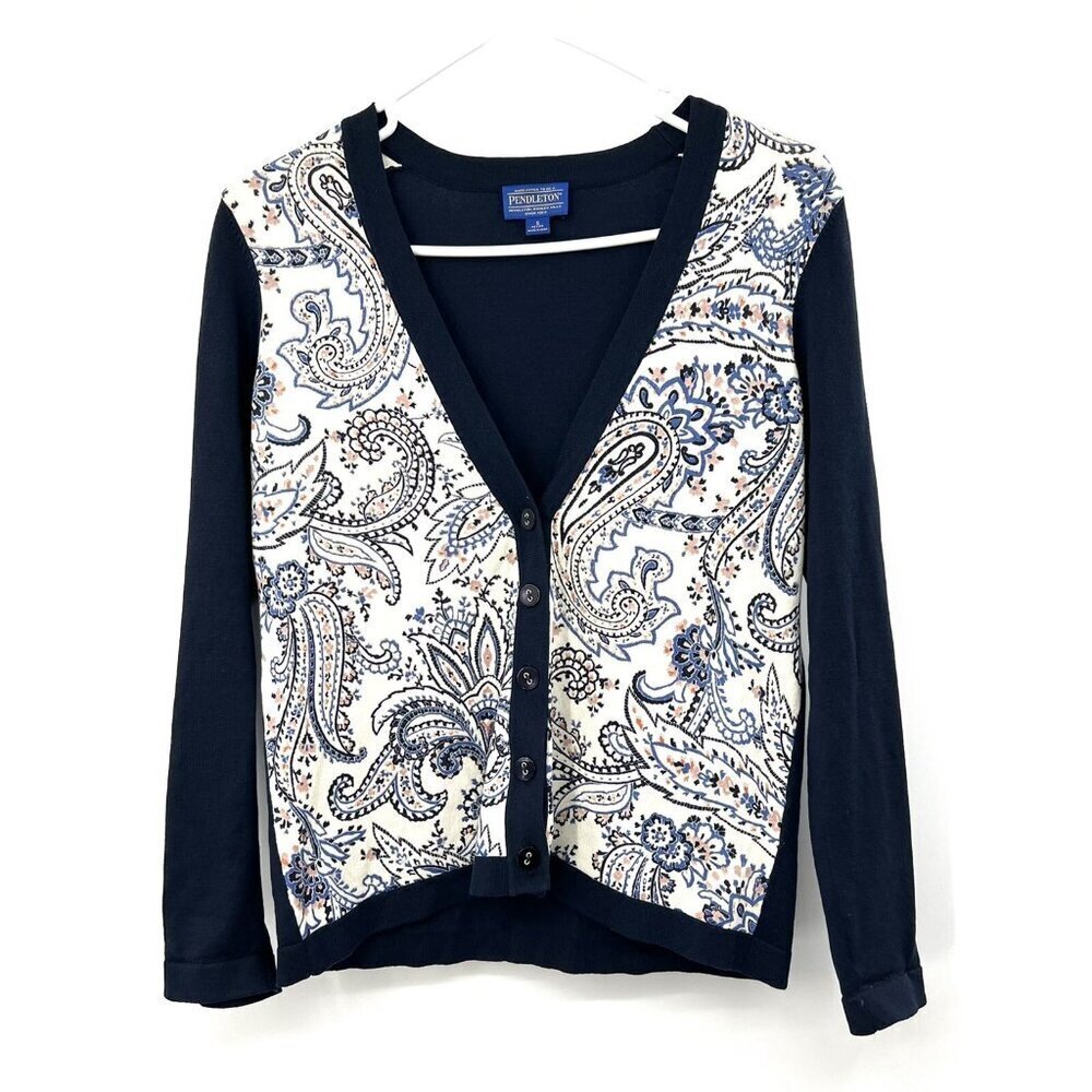 Pendleton Navy Button Front Paisley Cardigan Size Small Petite